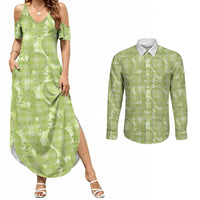Omaomao Hawaii Breadfruit Palaka Motifs Couples Matching Summer Maxi Dress and Long Sleeve Button Shirt LT14 Green - Polynesian Pride
