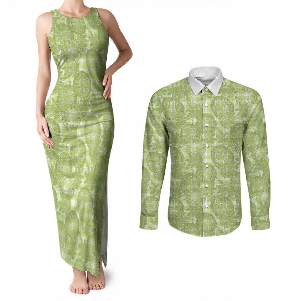 Omaomao Hawaii Breadfruit Palaka Motifs Couples Matching Tank Maxi Dress and Long Sleeve Button Shirt