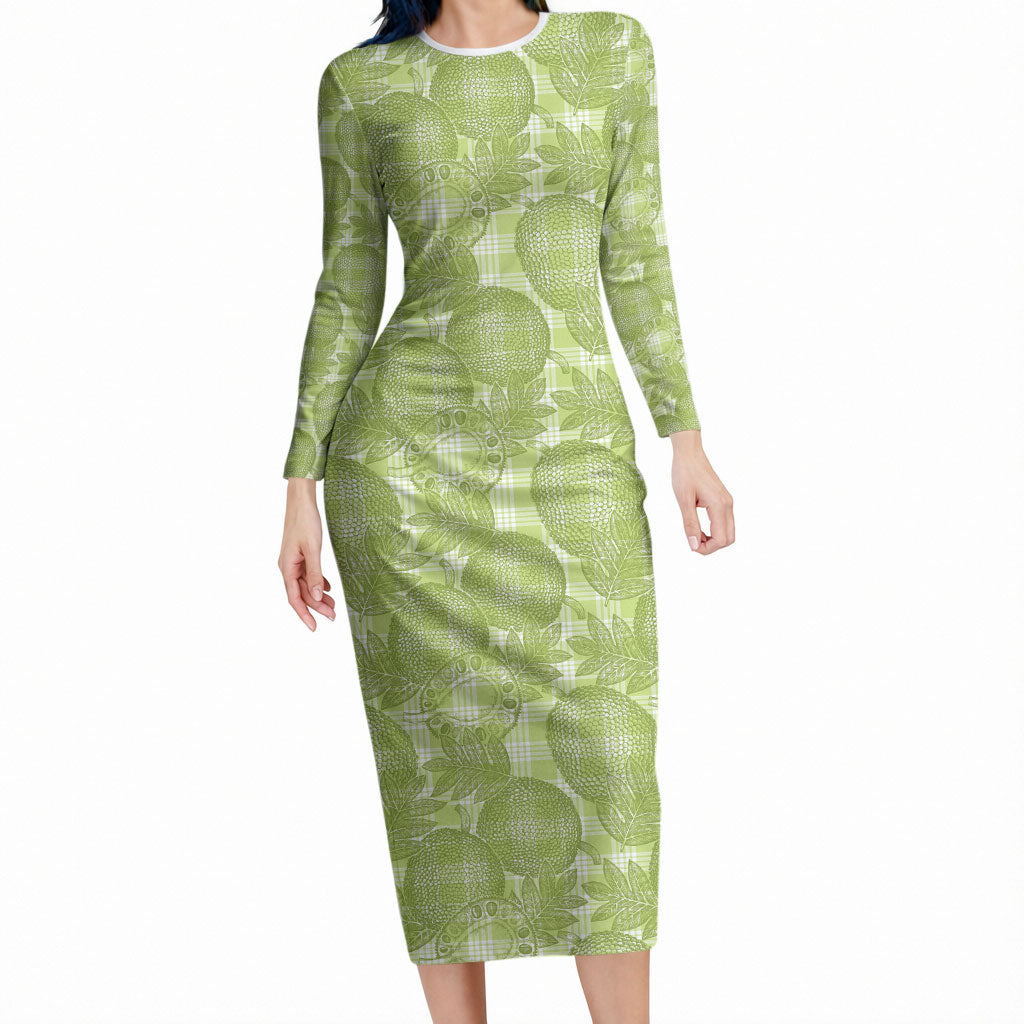 Omaomao Hawaii Breadfruit Palaka Motifs Long Sleeve Bodycon Dress LT14 Long Dress Green - Polynesian Pride