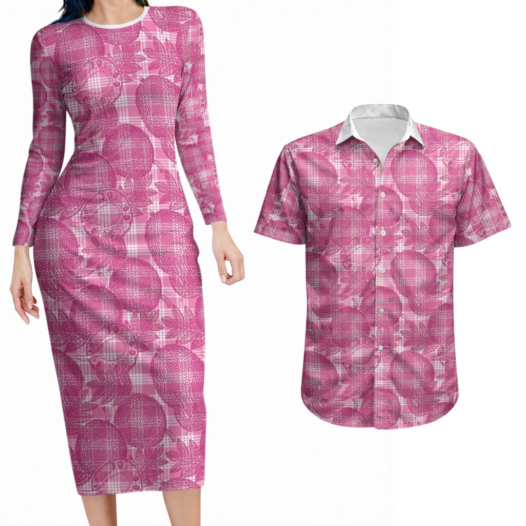 Alaka Hawaii Breadfruit Palaka Motifs Couples Matching Long Sleeve Bodycon Dress and Hawaiian Shirt