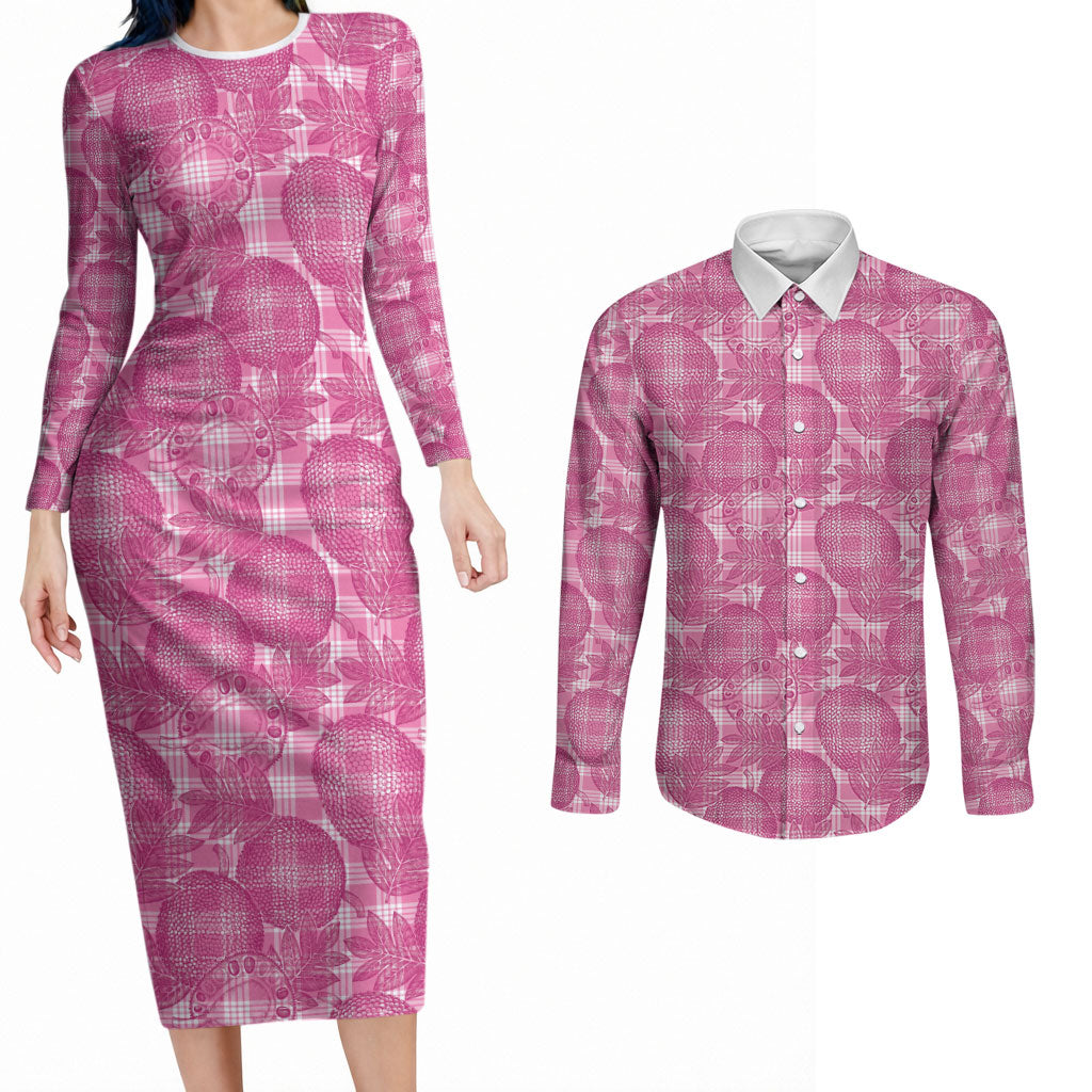 Alaka Hawaii Breadfruit Palaka Motifs Couples Matching Long Sleeve Bodycon Dress and Long Sleeve Button Shirt