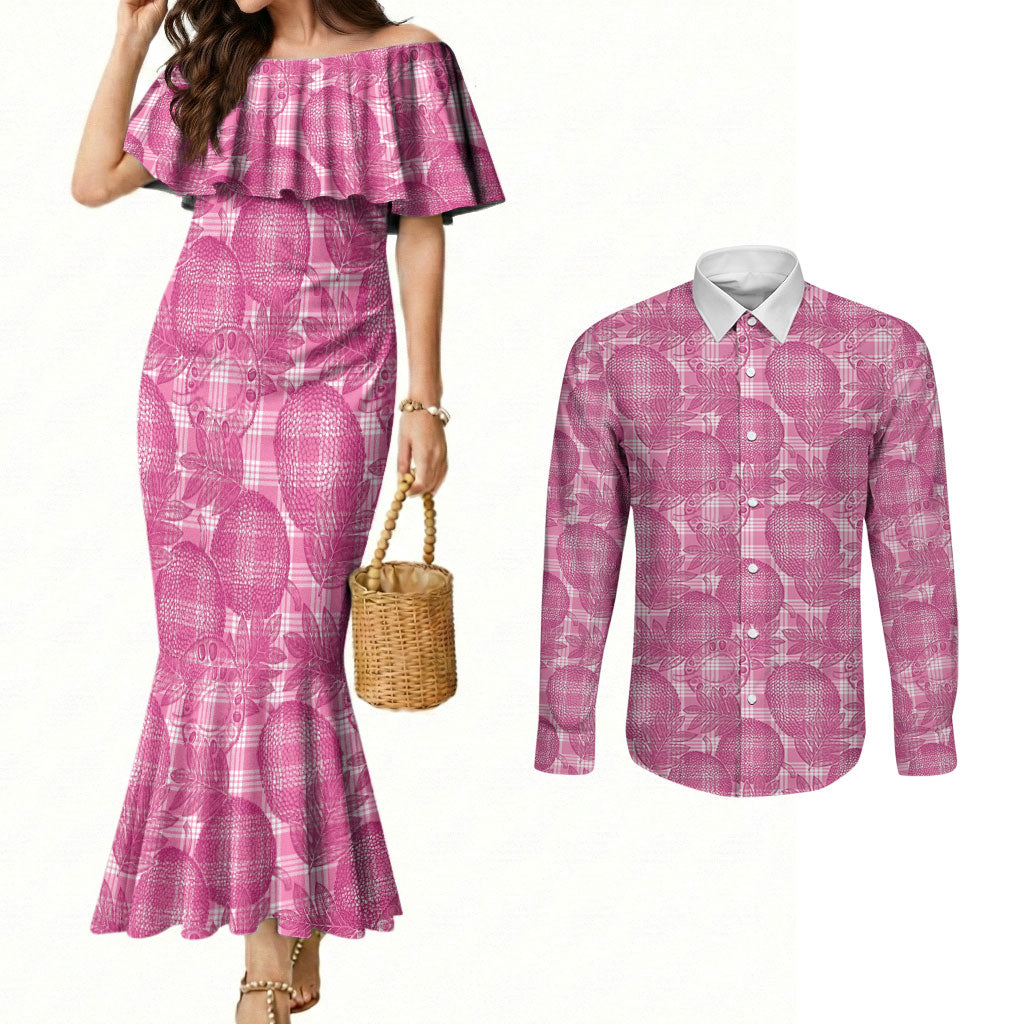 Alaka Hawaii Breadfruit Palaka Motifs Couples Matching Mermaid Dress and Long Sleeve Button Shirt