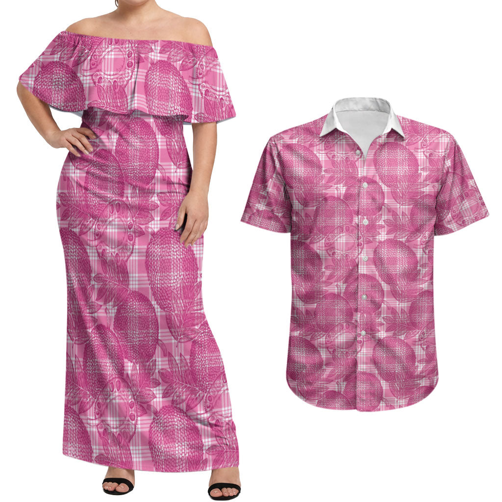 Alaka Hawaii Breadfruit Palaka Motifs Couples Matching Off Shoulder Maxi Dress and Hawaiian Shirt