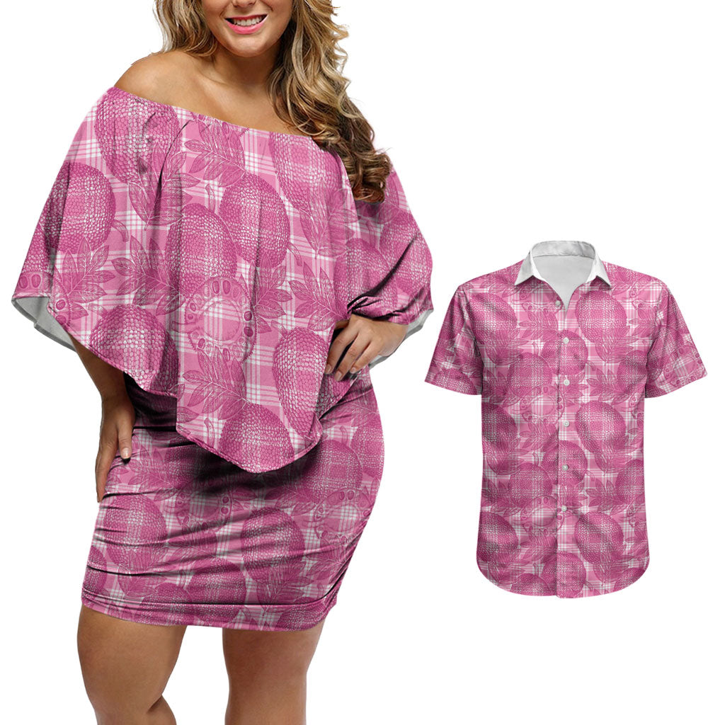 Alaka Hawaii Breadfruit Palaka Motifs Couples Matching Off Shoulder Short Dress and Hawaiian Shirt