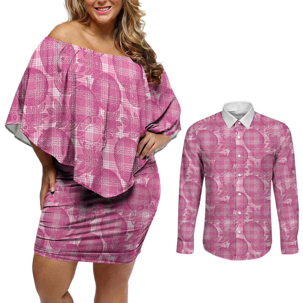 Alaka Hawaii Breadfruit Palaka Motifs Couples Matching Off Shoulder Short Dress and Long Sleeve Button Shirt