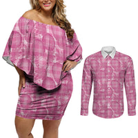 Alaka Hawaii Breadfruit Palaka Motifs Couples Matching Off Shoulder Short Dress and Long Sleeve Button Shirt LT14 Pink - Polynesian Pride