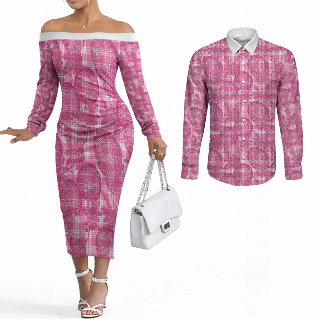 Alaka Hawaii Breadfruit Palaka Motifs Couples Matching Off The Shoulder Long Sleeve Dress and Long Sleeve Button Shirt