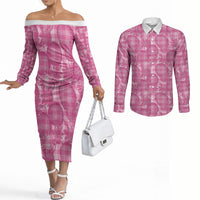 Alaka Hawaii Breadfruit Palaka Motifs Couples Matching Off The Shoulder Long Sleeve Dress and Long Sleeve Button Shirt LT14 Pink - Polynesian Pride