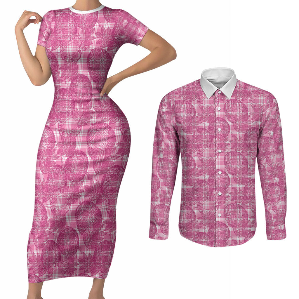 Alaka Hawaii Breadfruit Palaka Motifs Couples Matching Short Sleeve Bodycon Dress and Long Sleeve Button Shirt