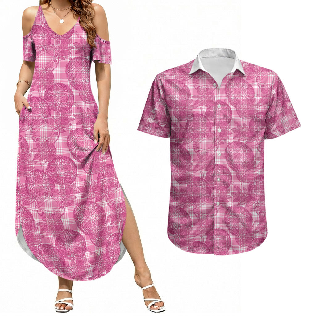 Alaka Hawaii Breadfruit Palaka Motifs Couples Matching Summer Maxi Dress and Hawaiian Shirt