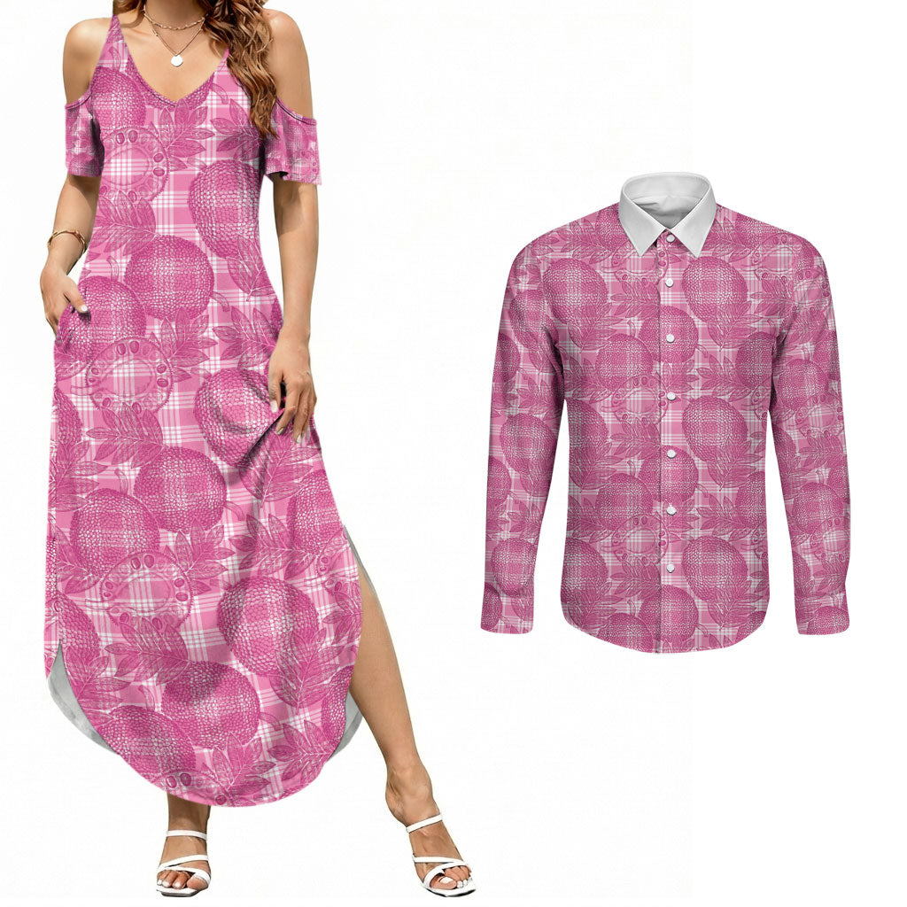 Alaka Hawaii Breadfruit Palaka Motifs Couples Matching Summer Maxi Dress and Long Sleeve Button Shirt