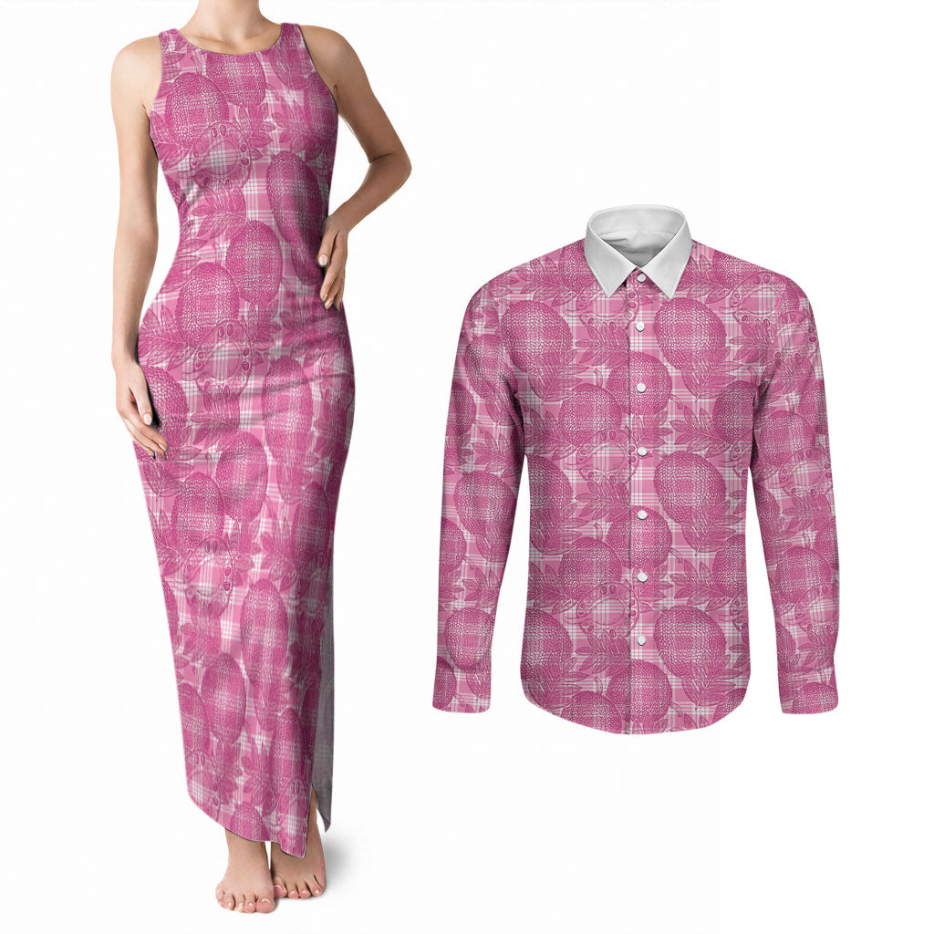 Alaka Hawaii Breadfruit Palaka Motifs Couples Matching Tank Maxi Dress and Long Sleeve Button Shirt