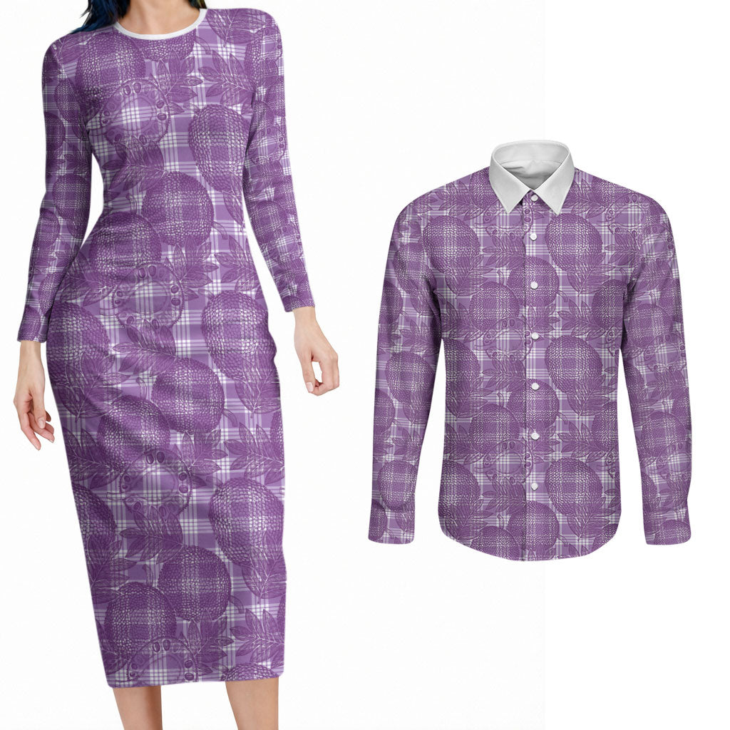 Poni Hawaii Breadfruit Palaka Motifs Couples Matching Long Sleeve Bodycon Dress and Long Sleeve Button Shirt
