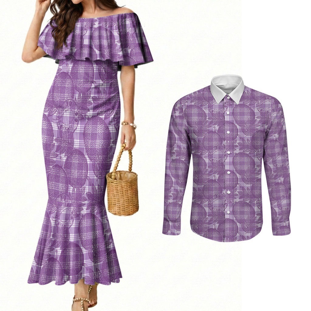 Poni Hawaii Breadfruit Palaka Motifs Couples Matching Mermaid Dress and Long Sleeve Button Shirt