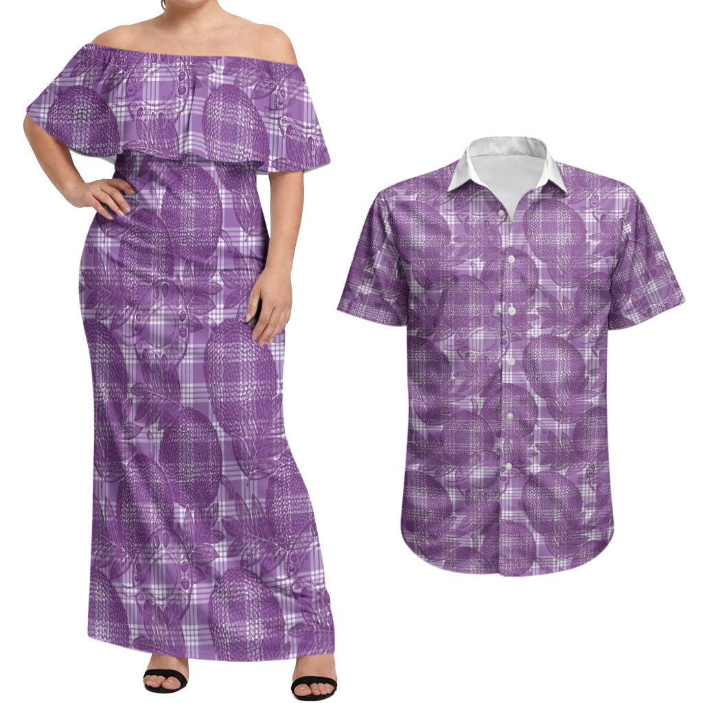 Poni Hawaii Breadfruit Palaka Motifs Couples Matching Off Shoulder Maxi Dress and Hawaiian Shirt