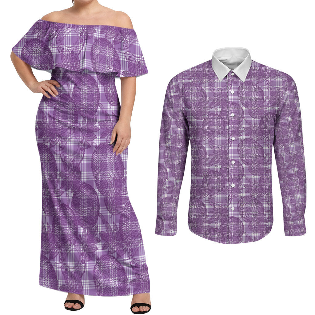 Poni Hawaii Breadfruit Palaka Motifs Couples Matching Off Shoulder Maxi Dress and Long Sleeve Button Shirt