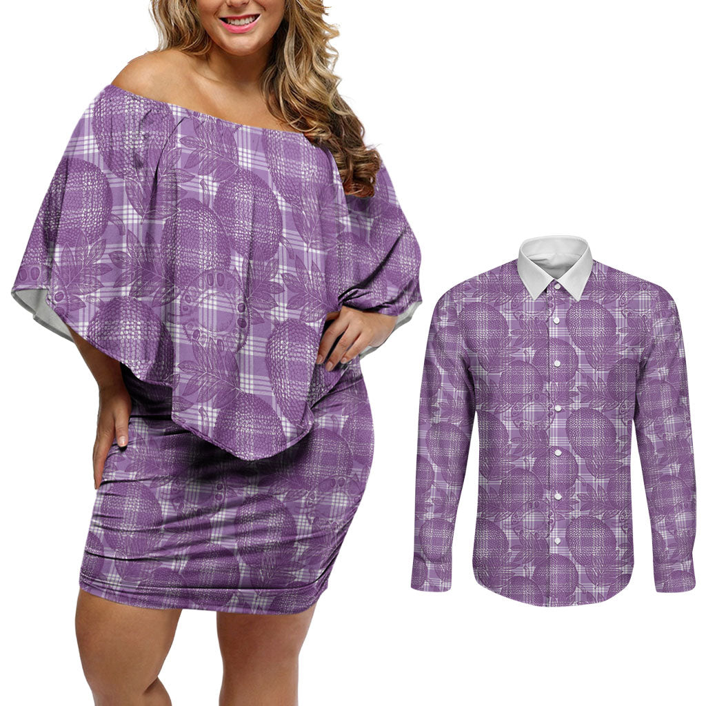 Poni Hawaii Breadfruit Palaka Motifs Couples Matching Off Shoulder Short Dress and Long Sleeve Button Shirt