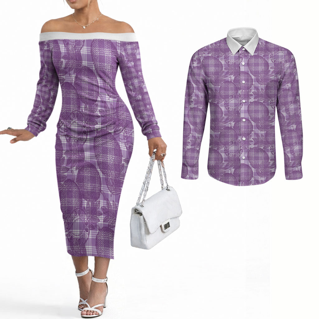 Poni Hawaii Breadfruit Palaka Motifs Couples Matching Off The Shoulder Long Sleeve Dress and Long Sleeve Button Shirt