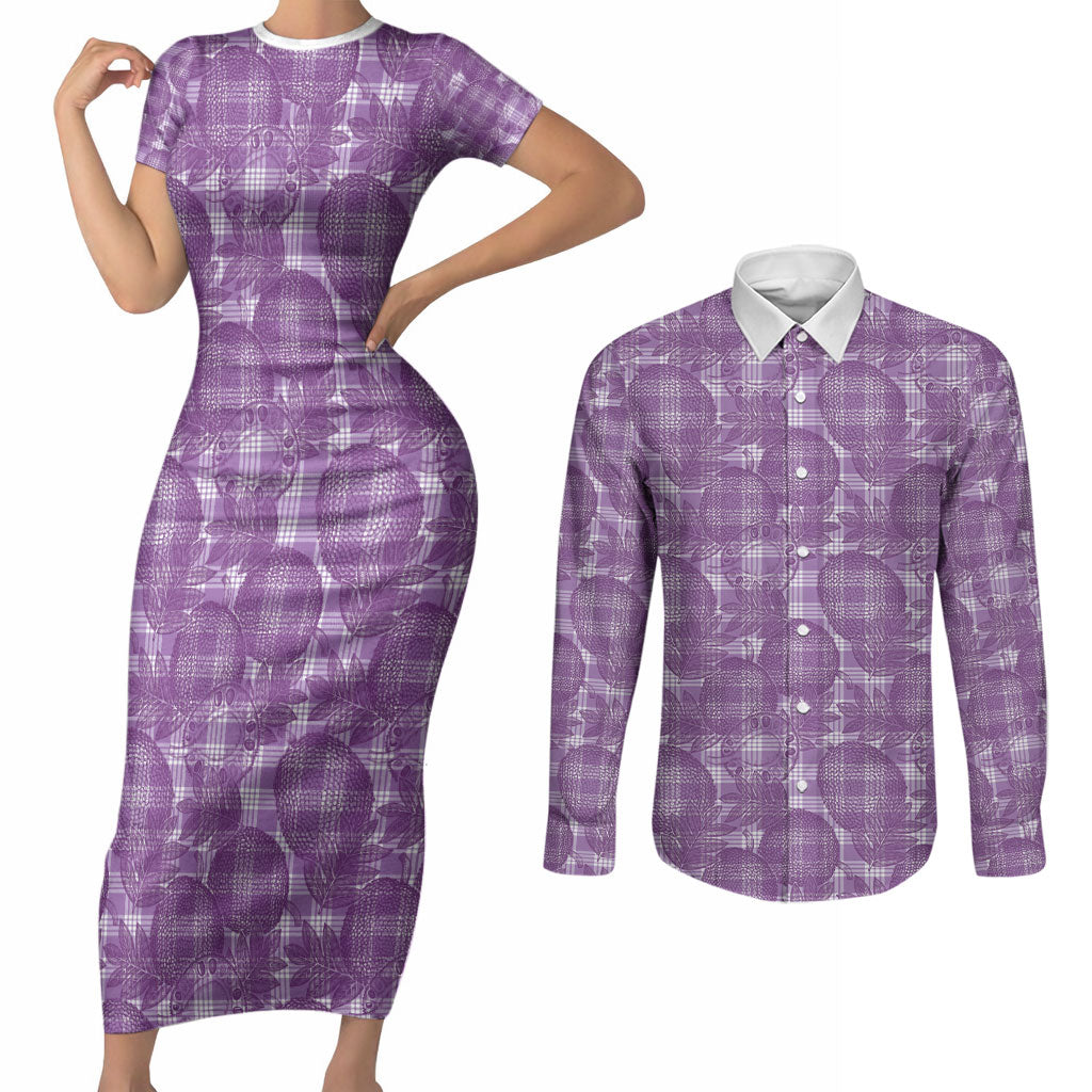 Poni Hawaii Breadfruit Palaka Motifs Couples Matching Short Sleeve Bodycon Dress and Long Sleeve Button Shirt