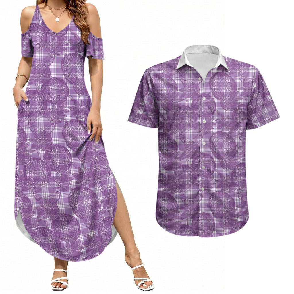 Poni Hawaii Breadfruit Palaka Motifs Couples Matching Summer Maxi Dress and Hawaiian Shirt