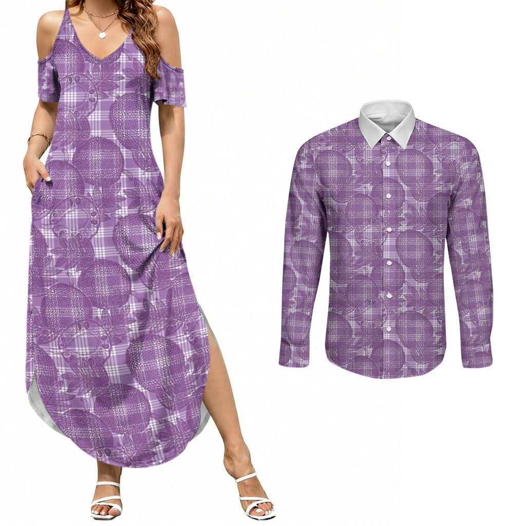 Poni Hawaii Breadfruit Palaka Motifs Couples Matching Summer Maxi Dress and Long Sleeve Button Shirt