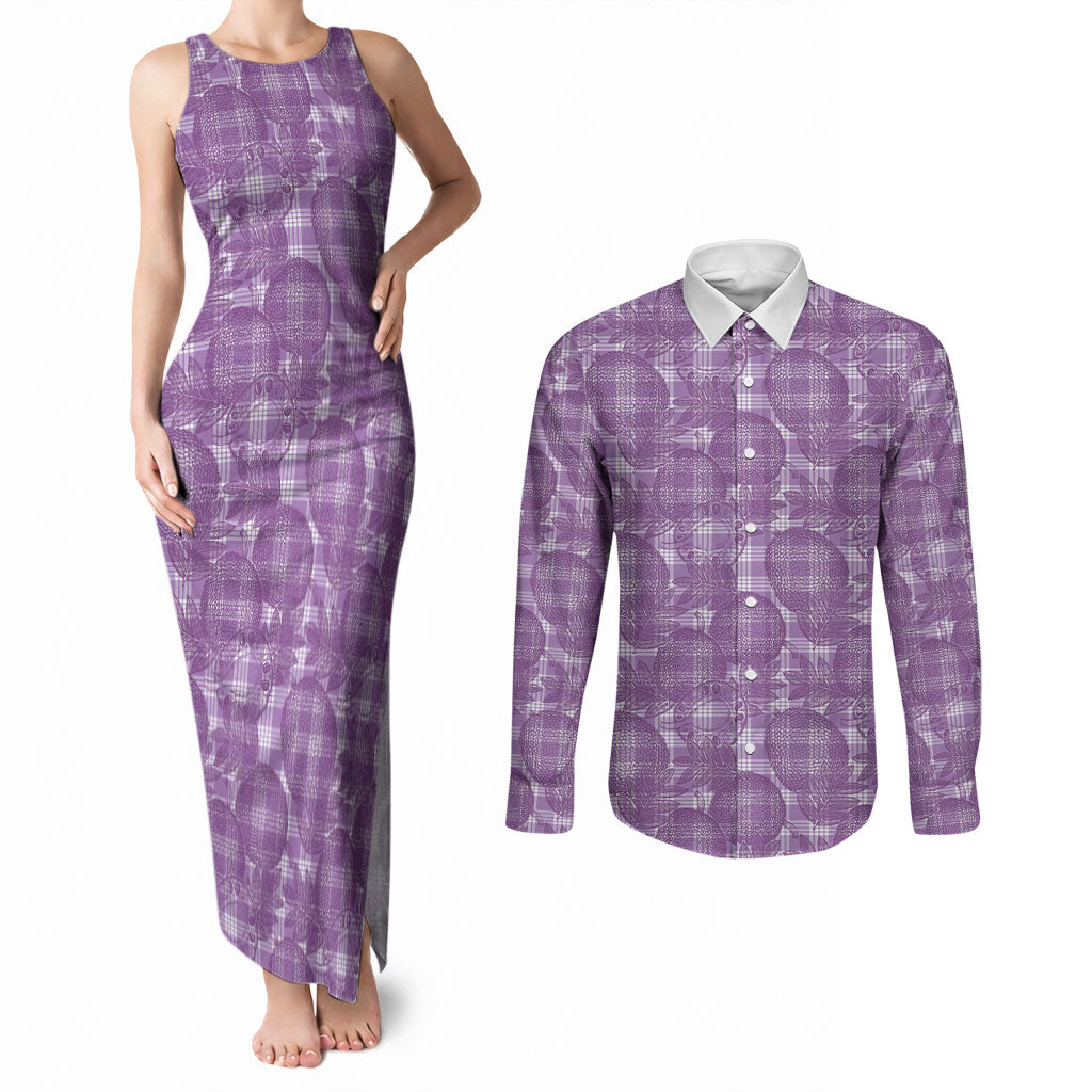 Poni Hawaii Breadfruit Palaka Motifs Couples Matching Tank Maxi Dress and Long Sleeve Button Shirt