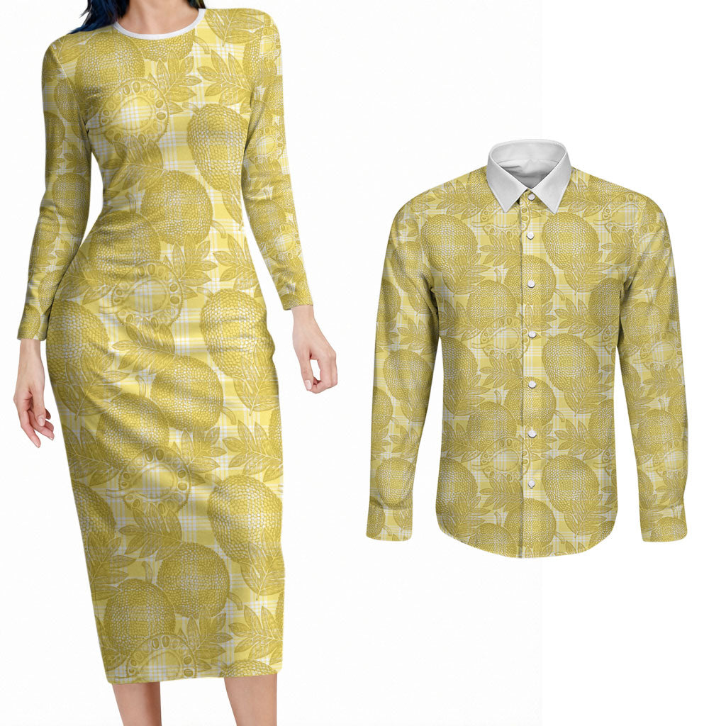 Melemele Hawaii Breadfruit Palaka Motifs Couples Matching Long Sleeve Bodycon Dress and Long Sleeve Button Shirt
