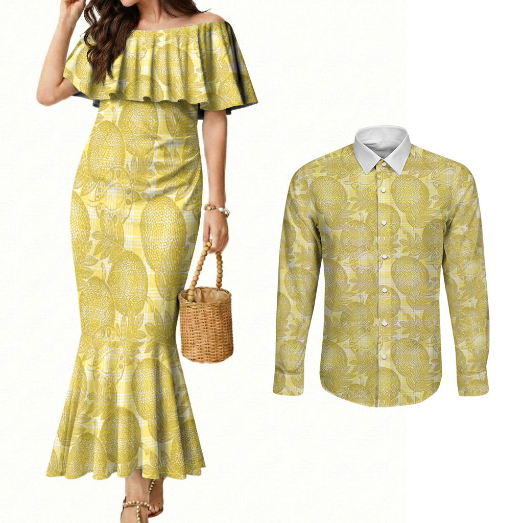 Melemele Hawaii Breadfruit Palaka Motifs Couples Matching Mermaid Dress and Long Sleeve Button Shirt