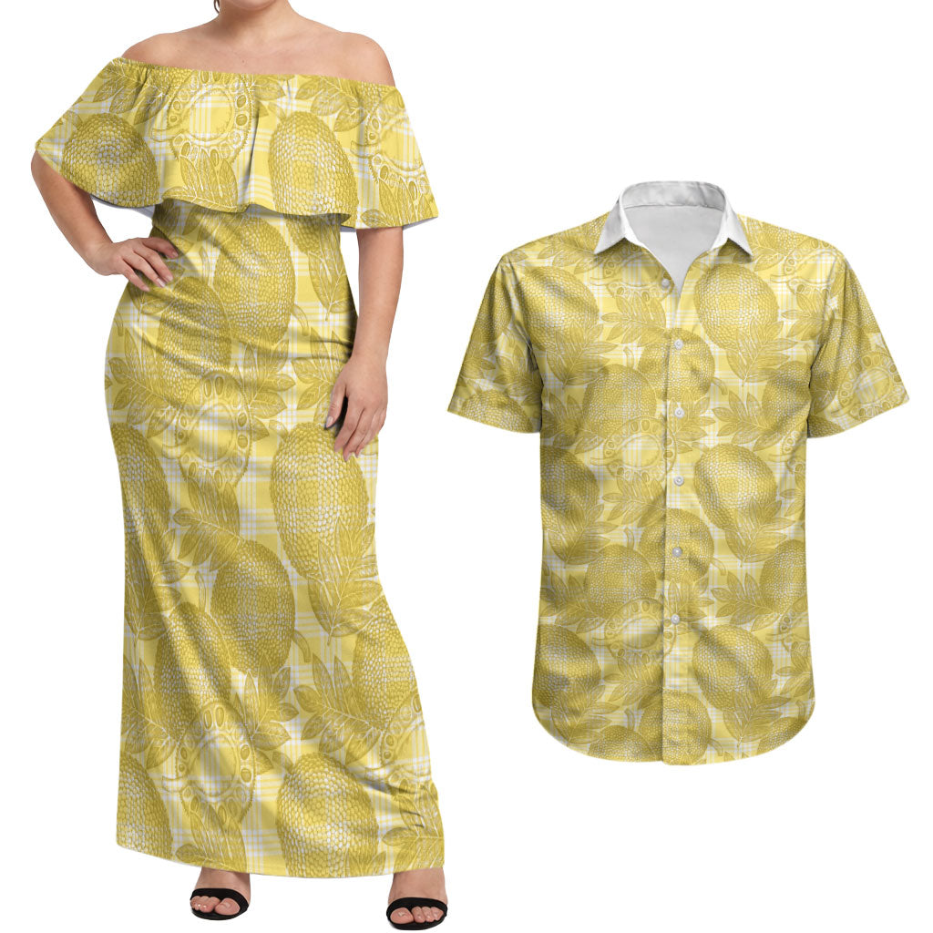 Melemele Hawaii Breadfruit Palaka Motifs Couples Matching Off Shoulder Maxi Dress and Hawaiian Shirt
