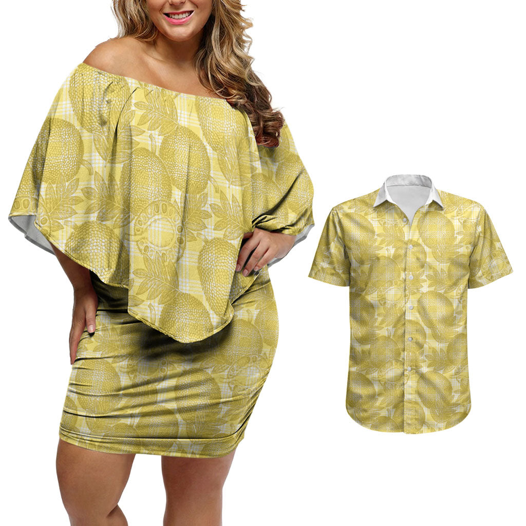 Melemele Hawaii Breadfruit Palaka Motifs Couples Matching Off Shoulder Short Dress and Hawaiian Shirt