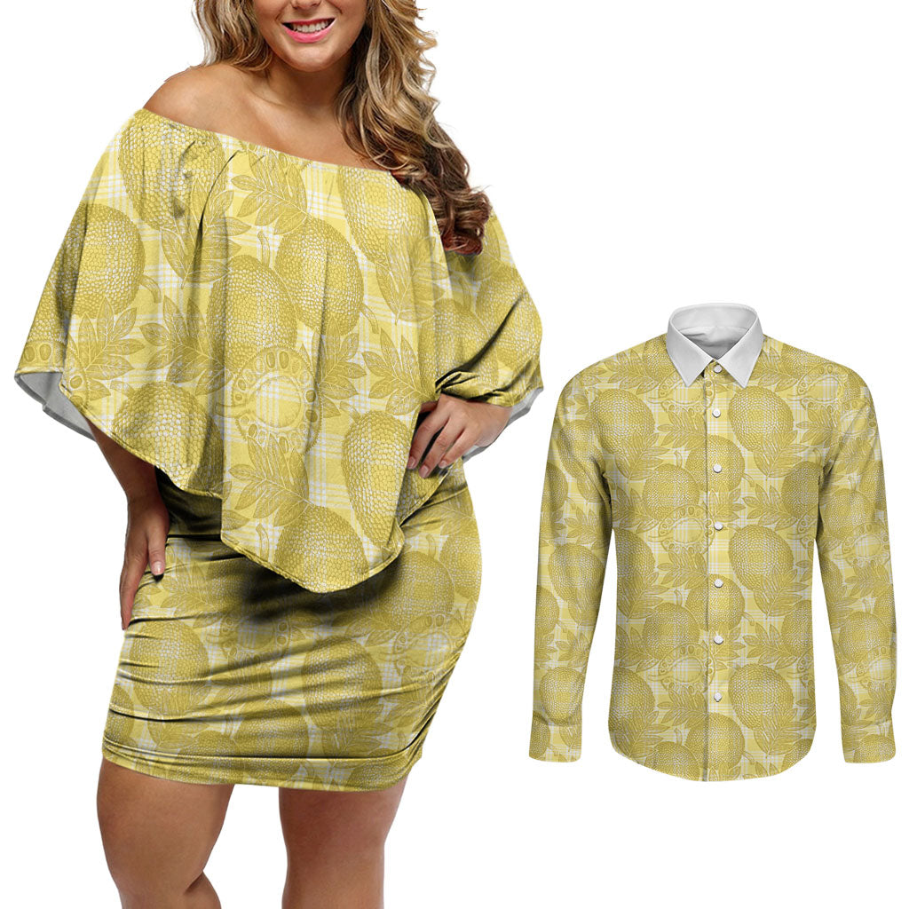 Melemele Hawaii Breadfruit Palaka Motifs Couples Matching Off Shoulder Short Dress and Long Sleeve Button Shirt