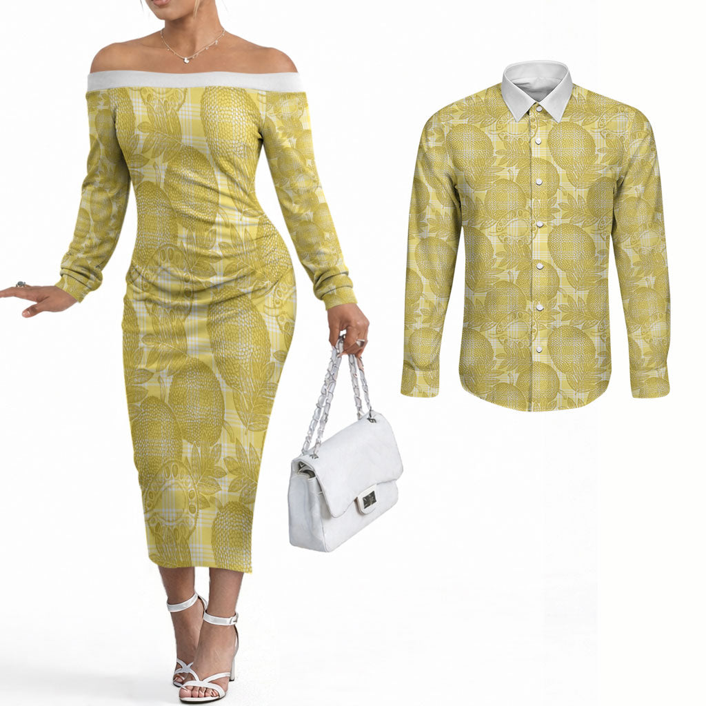 Melemele Hawaii Breadfruit Palaka Motifs Couples Matching Off The Shoulder Long Sleeve Dress and Long Sleeve Button Shirt