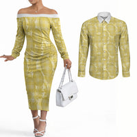 Melemele Hawaii Breadfruit Palaka Motifs Couples Matching Off The Shoulder Long Sleeve Dress and Long Sleeve Button Shirt LT14 Yellow - Polynesian Pride