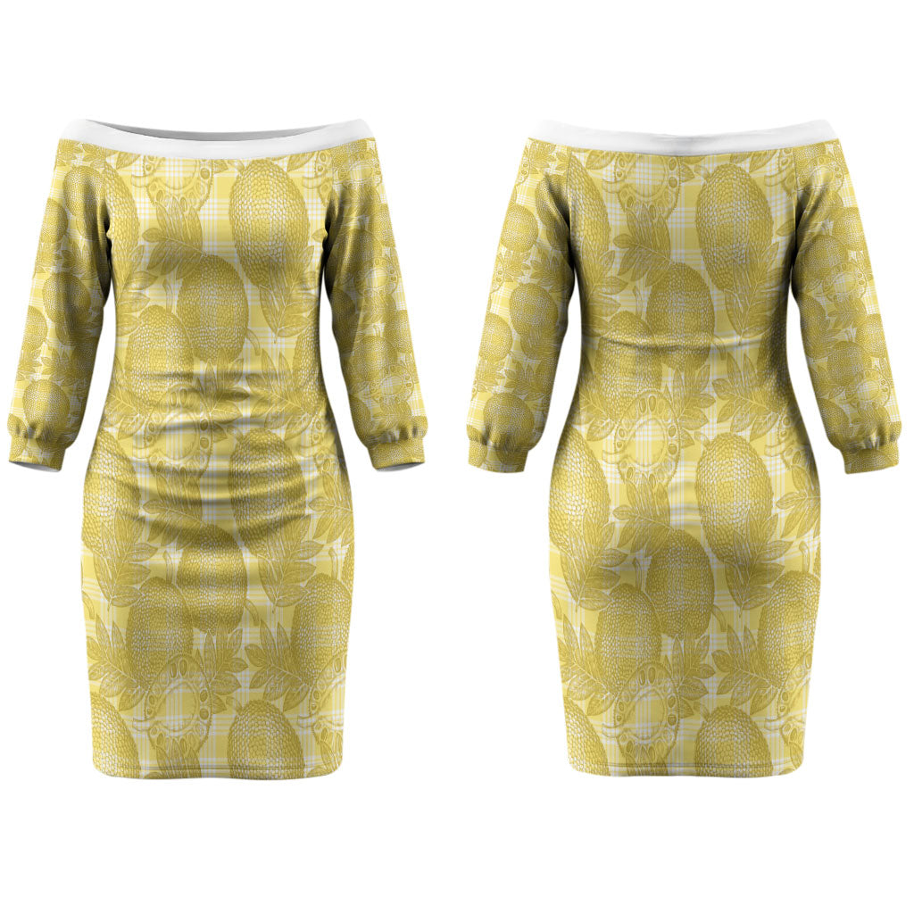 Melemele Hawaii Breadfruit Palaka Motifs Couples Matching Off The Shoulder Long Sleeve Dress and Long Sleeve Button Shirt LT14 - Polynesian Pride