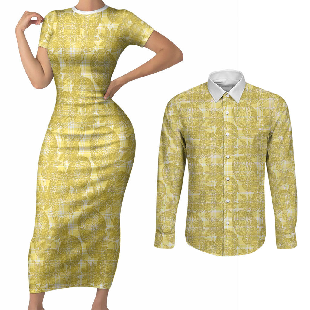 Melemele Hawaii Breadfruit Palaka Motifs Couples Matching Short Sleeve Bodycon Dress and Long Sleeve Button Shirt