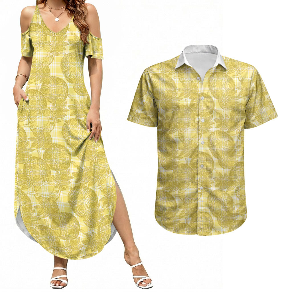 Melemele Hawaii Breadfruit Palaka Motifs Couples Matching Summer Maxi Dress and Hawaiian Shirt