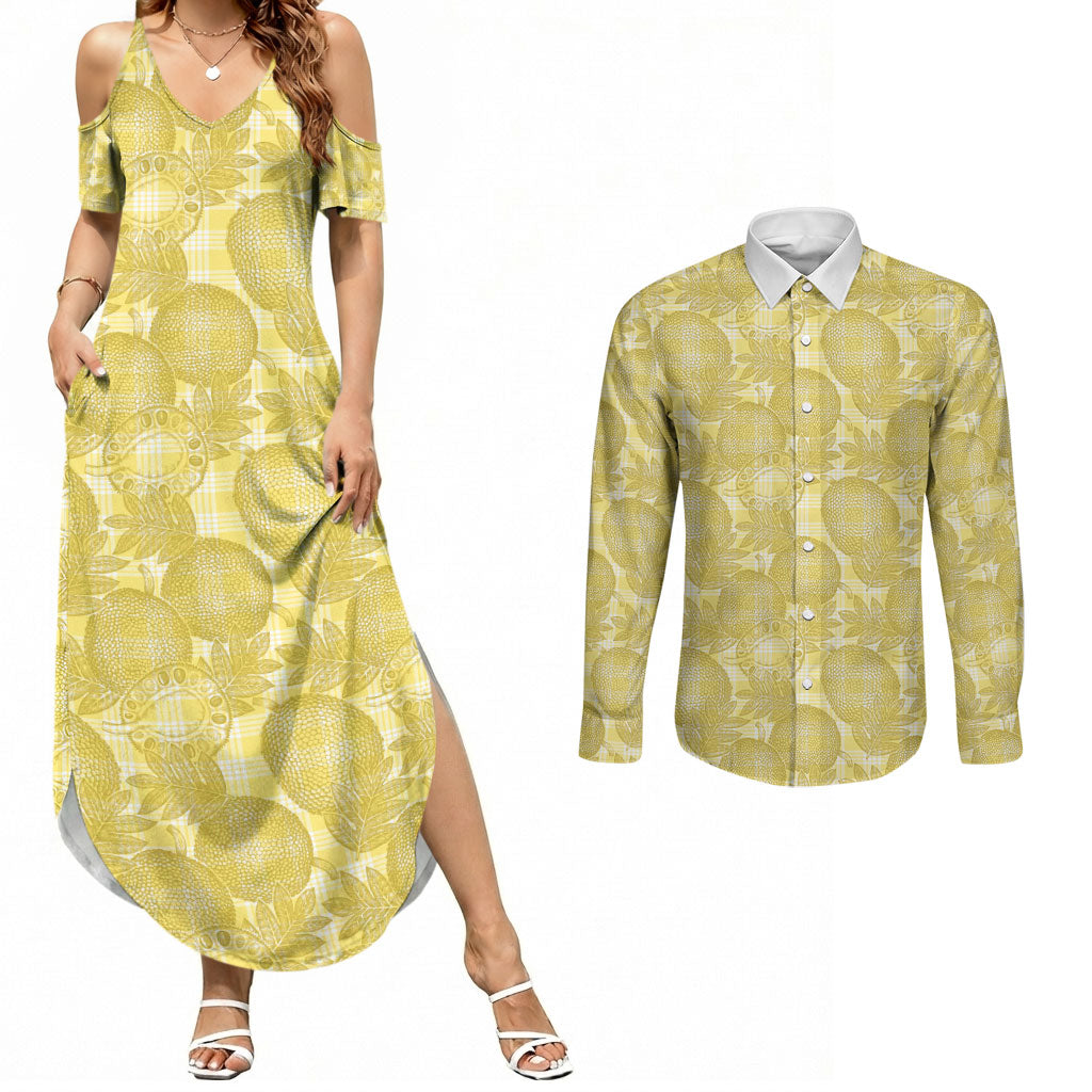 Melemele Hawaii Breadfruit Palaka Motifs Couples Matching Summer Maxi Dress and Long Sleeve Button Shirt