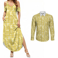 Melemele Hawaii Breadfruit Palaka Motifs Couples Matching Summer Maxi Dress and Long Sleeve Button Shirt LT14 Yellow - Polynesian Pride