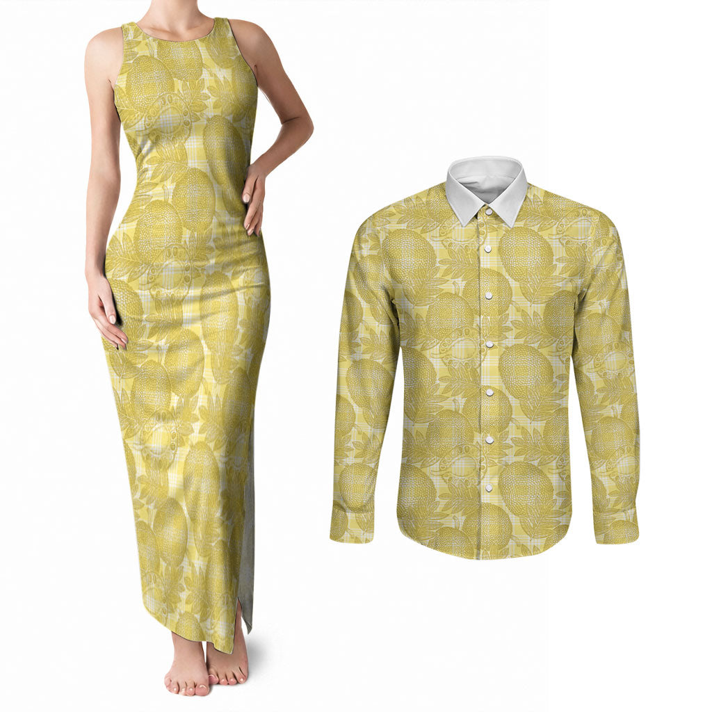 Melemele Hawaii Breadfruit Palaka Motifs Couples Matching Tank Maxi Dress and Long Sleeve Button Shirt
