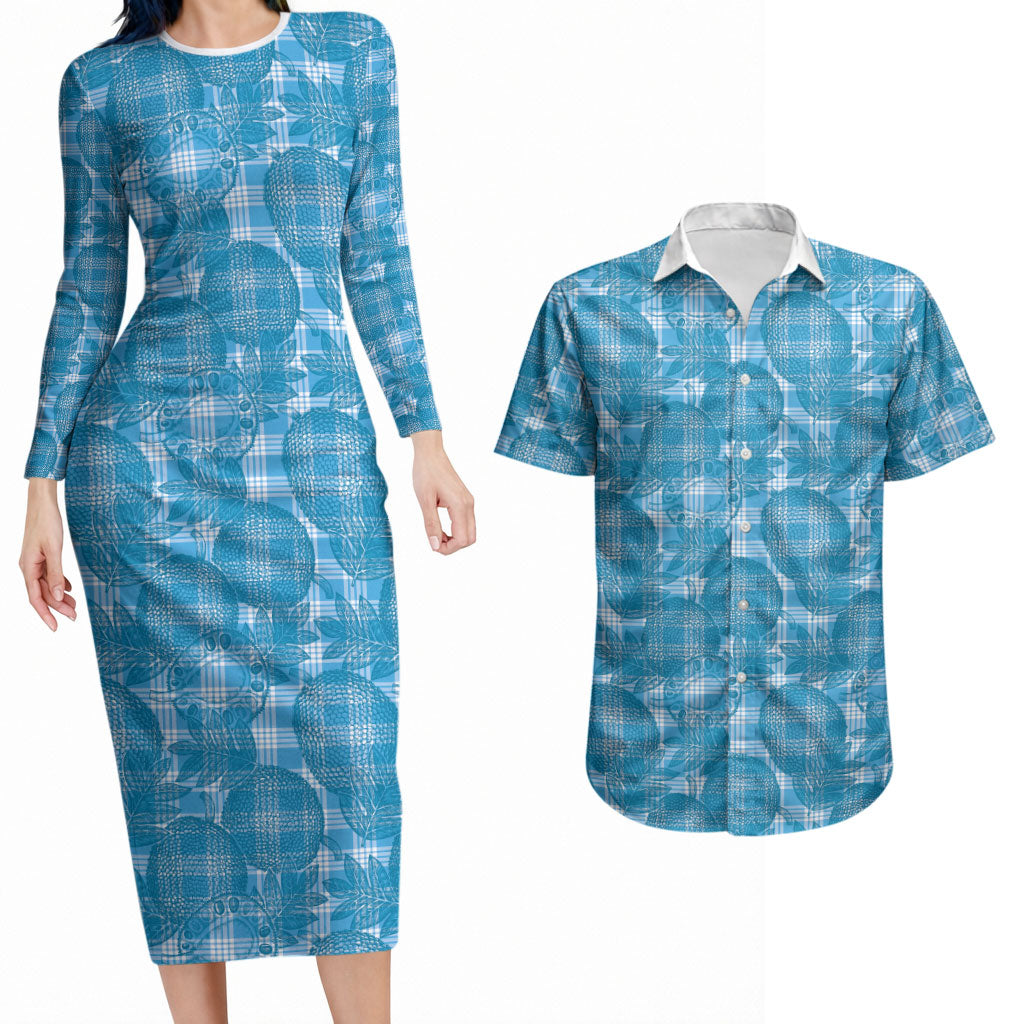 Polu Hawaii Breadfruit Palaka Motifs Couples Matching Long Sleeve Bodycon Dress and Hawaiian Shirt