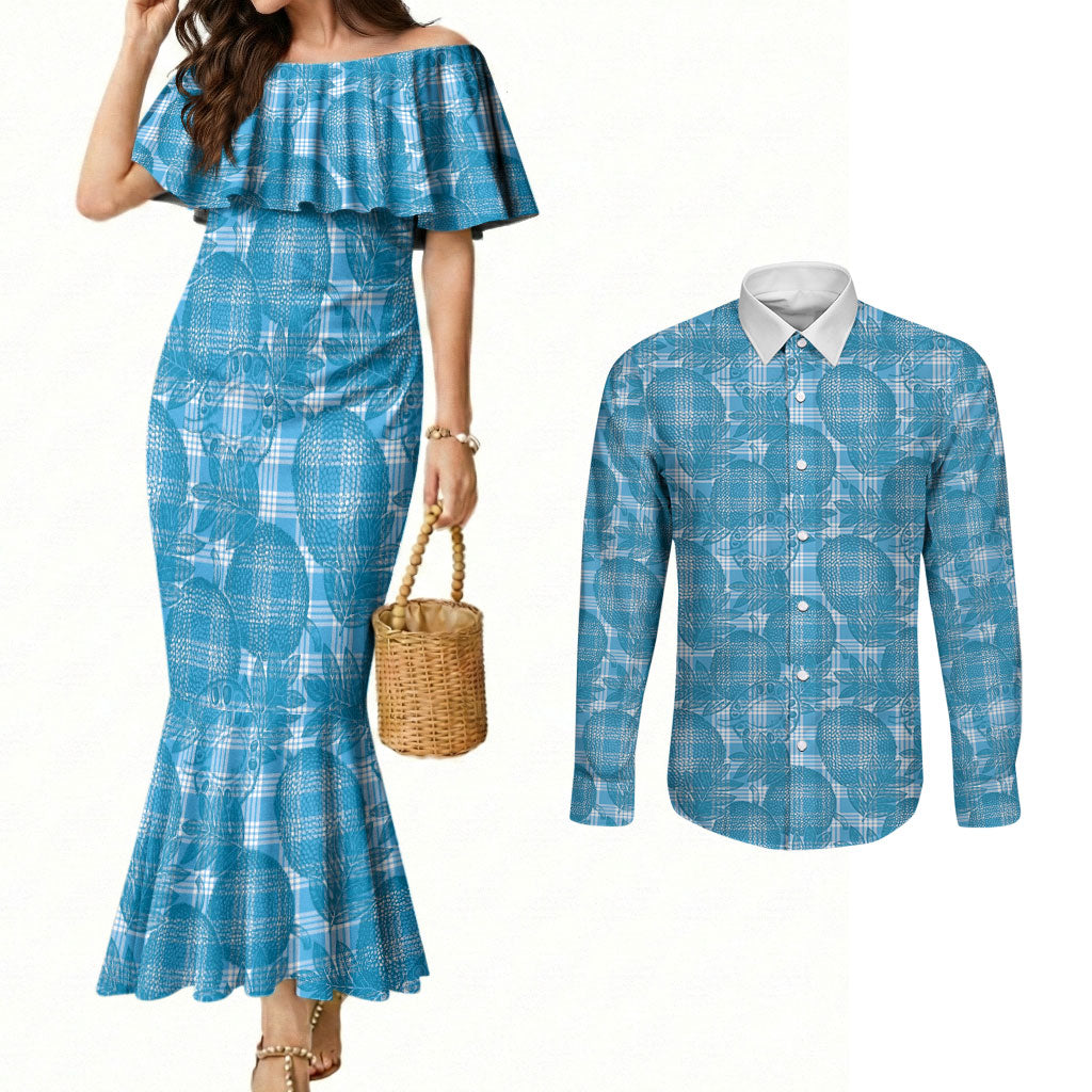 Polu Hawaii Breadfruit Palaka Motifs Couples Matching Mermaid Dress and Long Sleeve Button Shirt