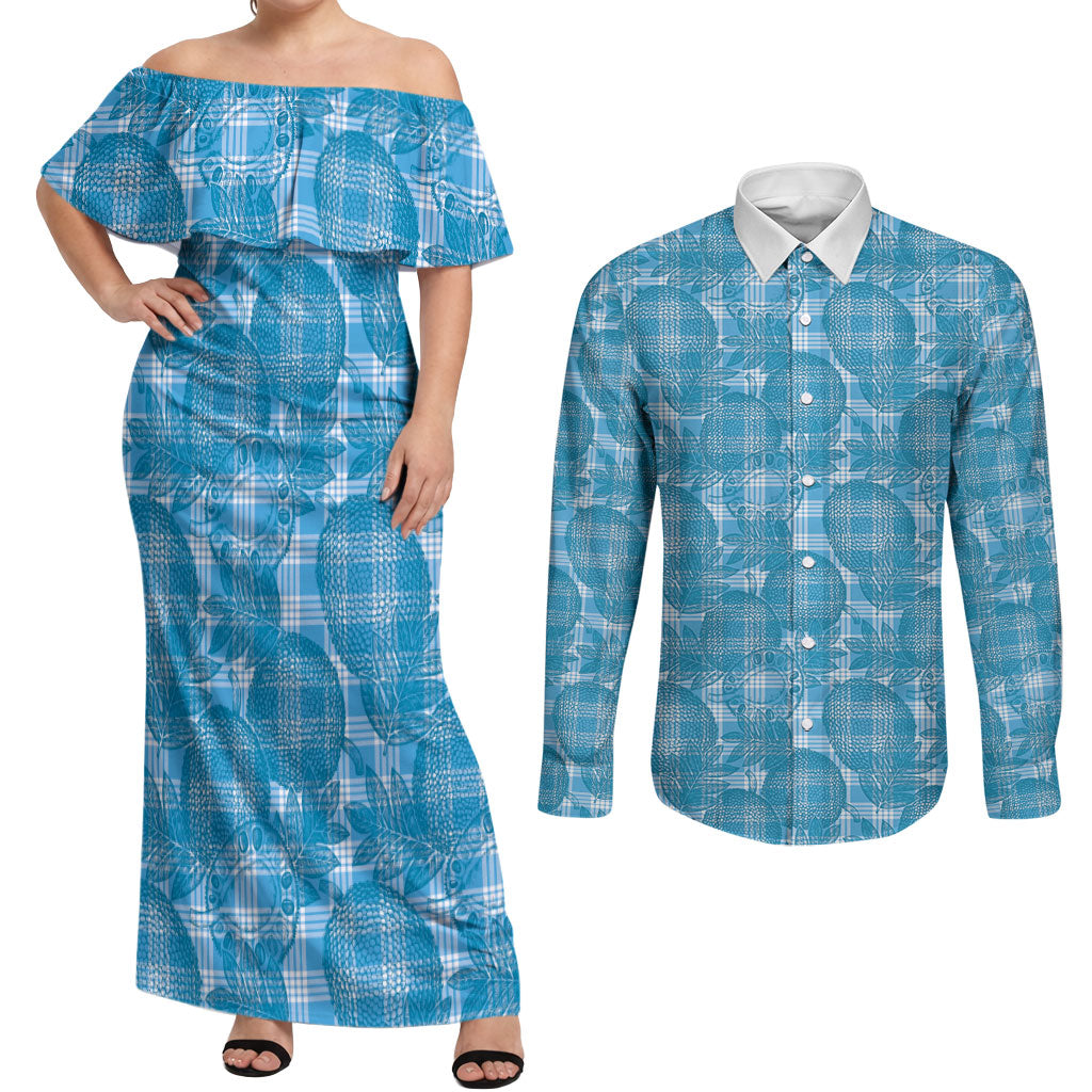 Polu Hawaii Breadfruit Palaka Motifs Couples Matching Off Shoulder Maxi Dress and Long Sleeve Button Shirt