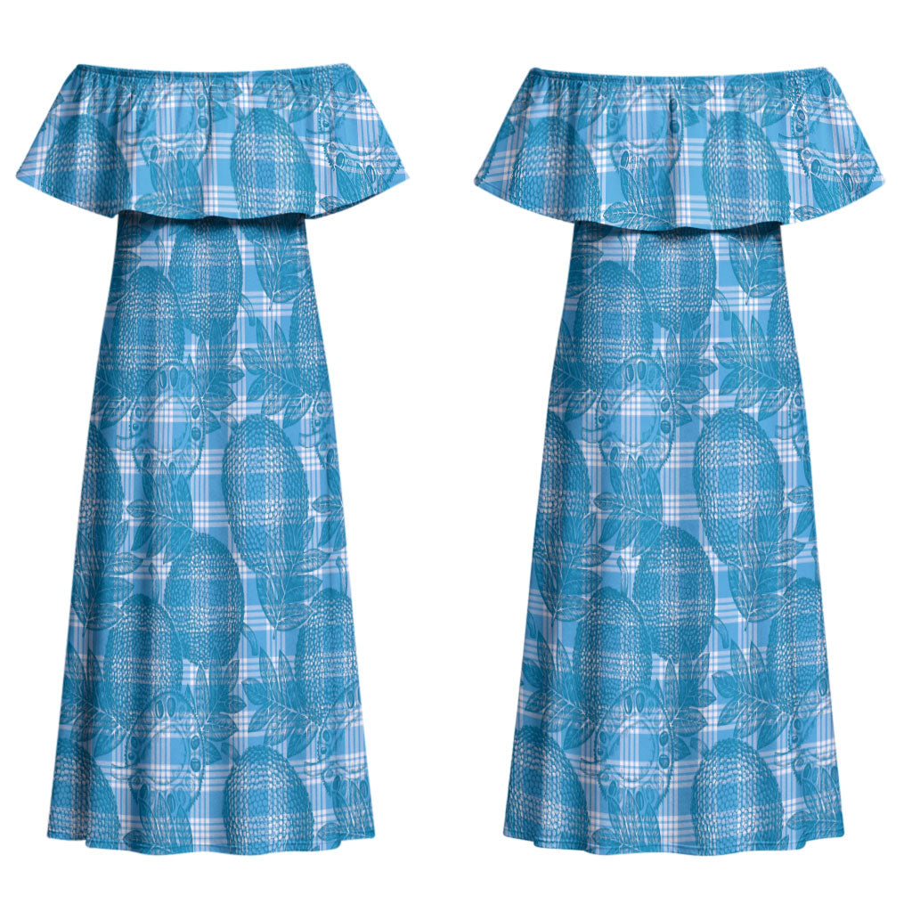 Polu Hawaii Breadfruit Palaka Motifs Couples Matching Off Shoulder Maxi Dress and Long Sleeve Button Shirt LT14 - Polynesian Pride