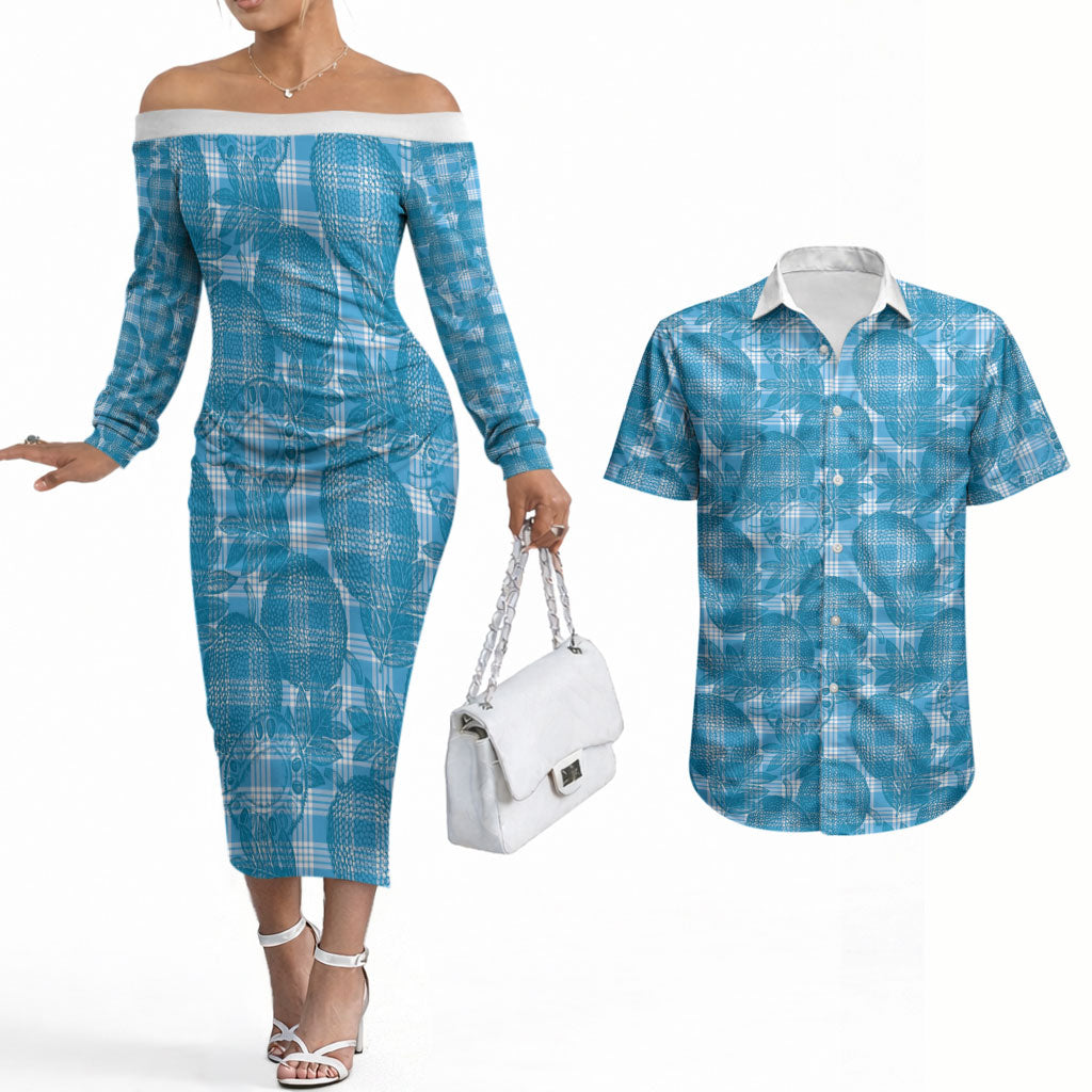 Polu Hawaii Breadfruit Palaka Motifs Couples Matching Off The Shoulder Long Sleeve Dress and Hawaiian Shirt