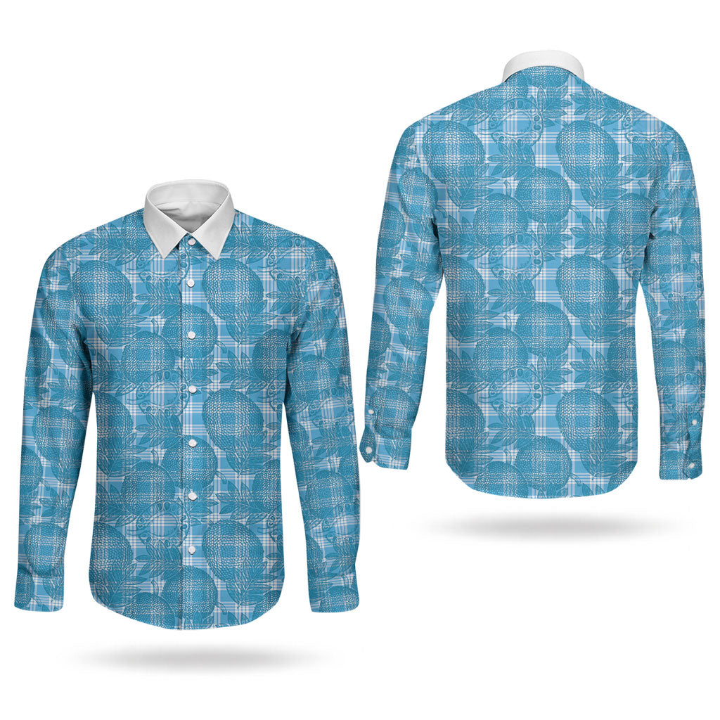 Polu Hawaii Breadfruit Palaka Motifs Couples Matching Off The Shoulder Long Sleeve Dress and Long Sleeve Button Shirt LT14 - Polynesian Pride