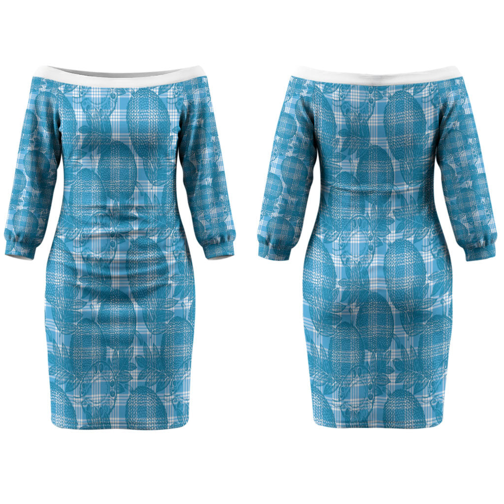 Polu Hawaii Breadfruit Palaka Motifs Couples Matching Off The Shoulder Long Sleeve Dress and Long Sleeve Button Shirt LT14 - Polynesian Pride