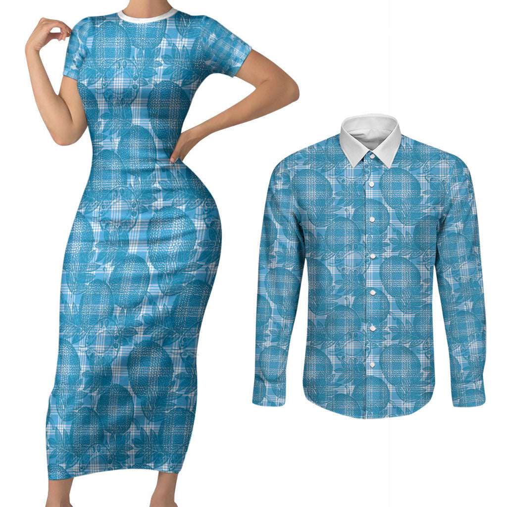 Polu Hawaii Breadfruit Palaka Motifs Couples Matching Short Sleeve Bodycon Dress and Long Sleeve Button Shirt
