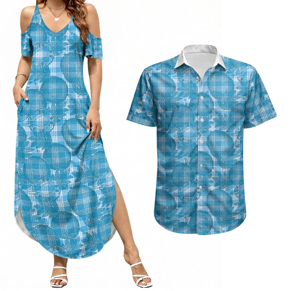 Polu Hawaii Breadfruit Palaka Motifs Couples Matching Summer Maxi Dress and Hawaiian Shirt