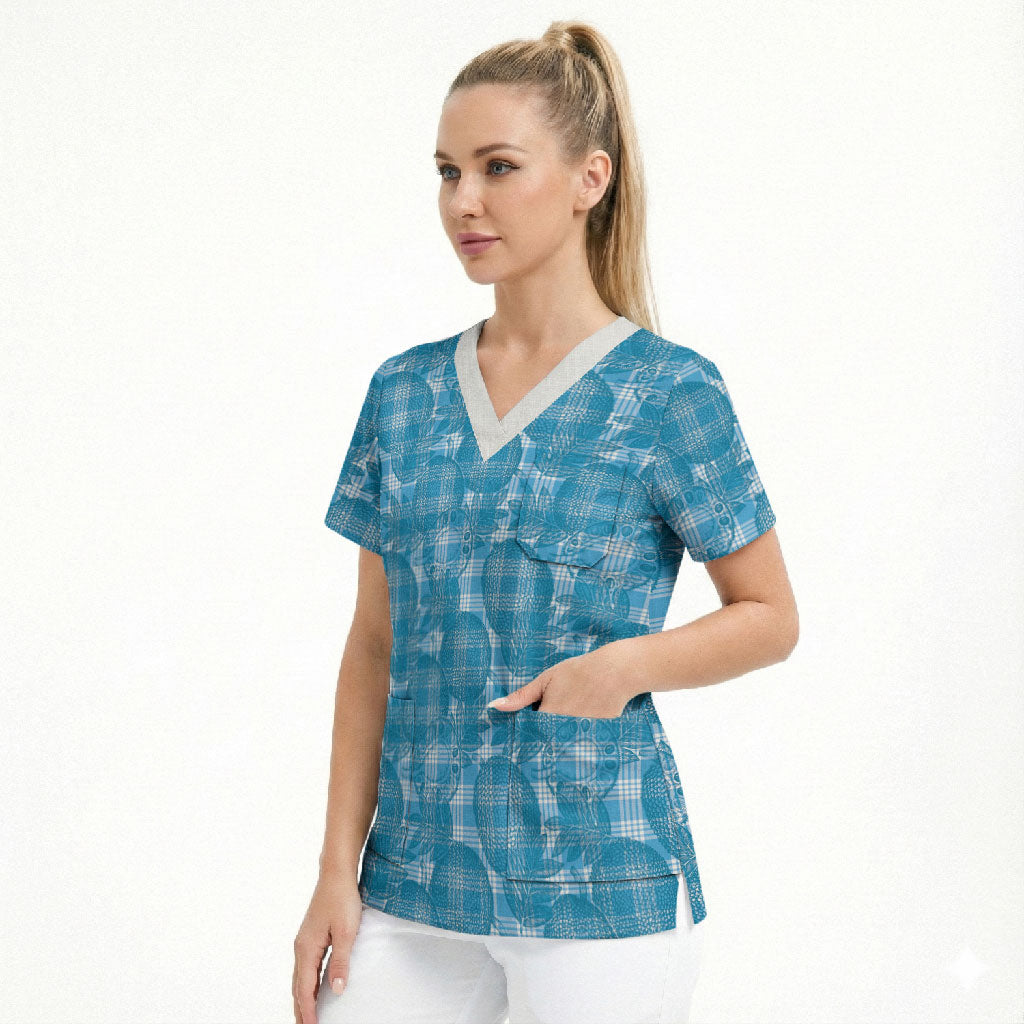 Polu Hawaii Breadfruit Palaka Motifs Scrub Top LT14 - Polynesian Pride