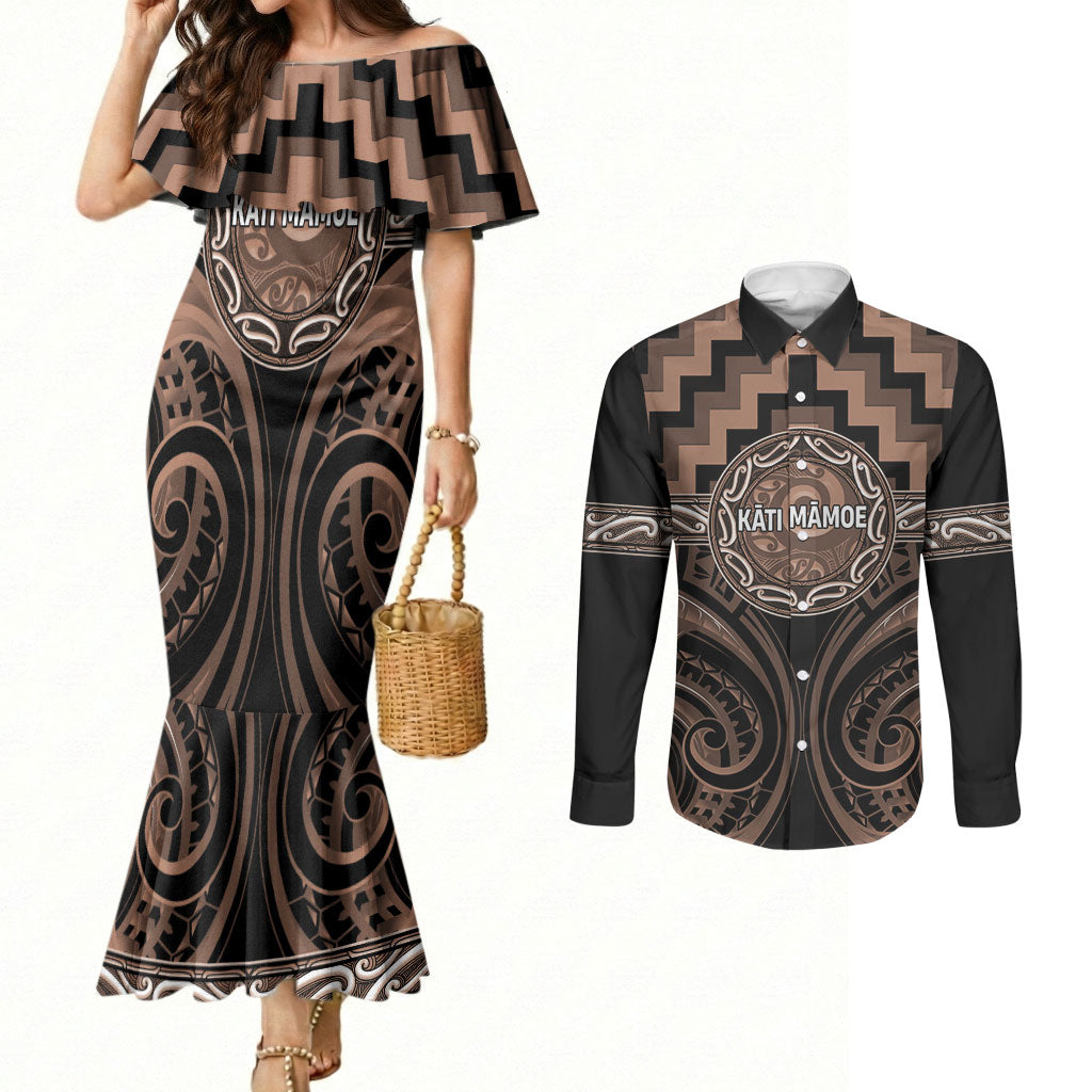 Aotearoa Kati Mamoe Personalised Couples Matching Mermaid Dress and Long Sleeve Button Shirt Maori Iwi Poutama Puhoro Tattoo